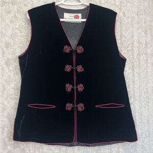 Peony Asian Black Velvet Vest Frog Toggle Buttons Side Slits Mandarin Collar